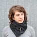 Cowl Scarf w/ Wood Button | charcoal grey |cable | wool blend | warm | knit |trishafern | handmade | soft | scarf |wood button