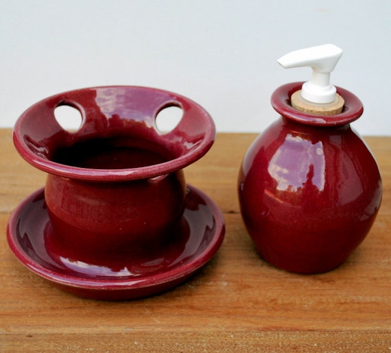 Burgundy Soap Dispenser and Toothbrush Holder