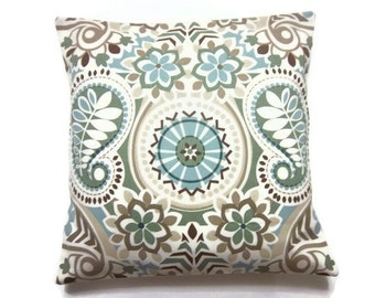 Decorative Pillow Cover Sage Green Blue Taupe Brown Throw Toss Accent Paisley Damask Same Fabric Front/Back 18x18 inch x