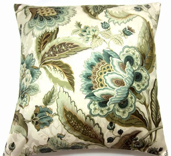 Two Teal Gold Cream Brown Pillow Covers Floral 16 inch pair