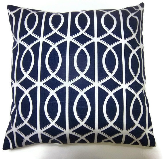 Two Navy Blue White Pillow Covers Geometric Damask 16 inch