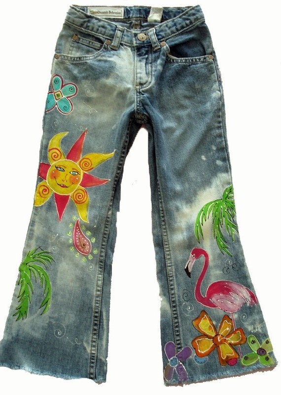 Distressed Painted Flamingo Denim Jeans Tropical Flowers