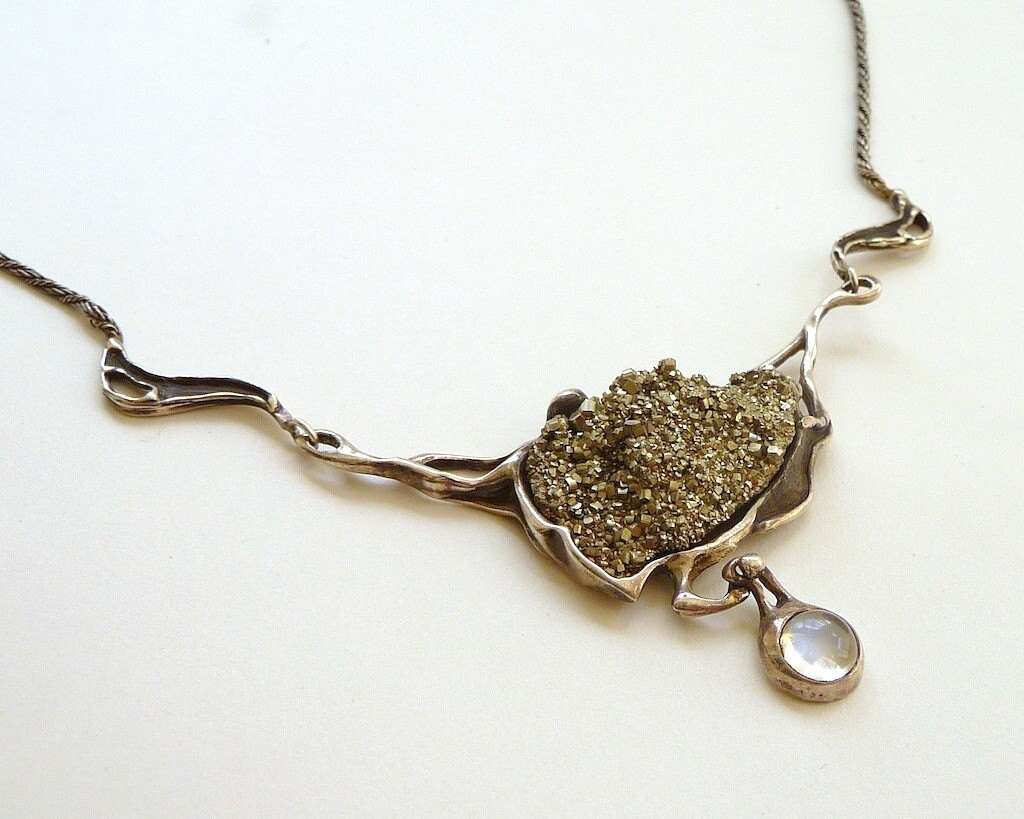 Handmade Cast Sterling Necklace with Moonstone and Pyrite