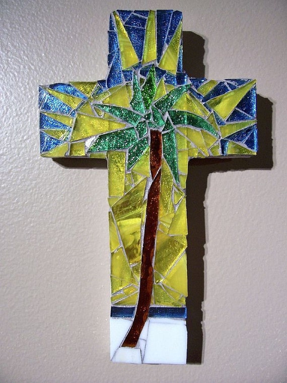 Palm Sunday Stained Glass. A Mosaic Beach Scene Cross.