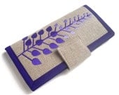 Handmade Womens Wallet // Purple leaves wallet // linen wallet // wallet for women