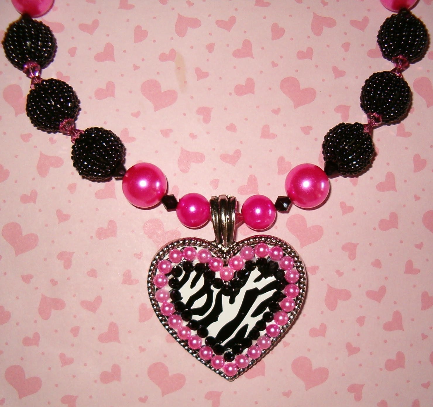 Black and Pink Zebra Heart Necklace