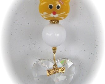 Lampwork Yellow Kitty Cat Suncatcher with Large 40mm Austrian Crystal Heart Prism, Handmade Hanger, Unique Gift, Cat Lover Gifts
