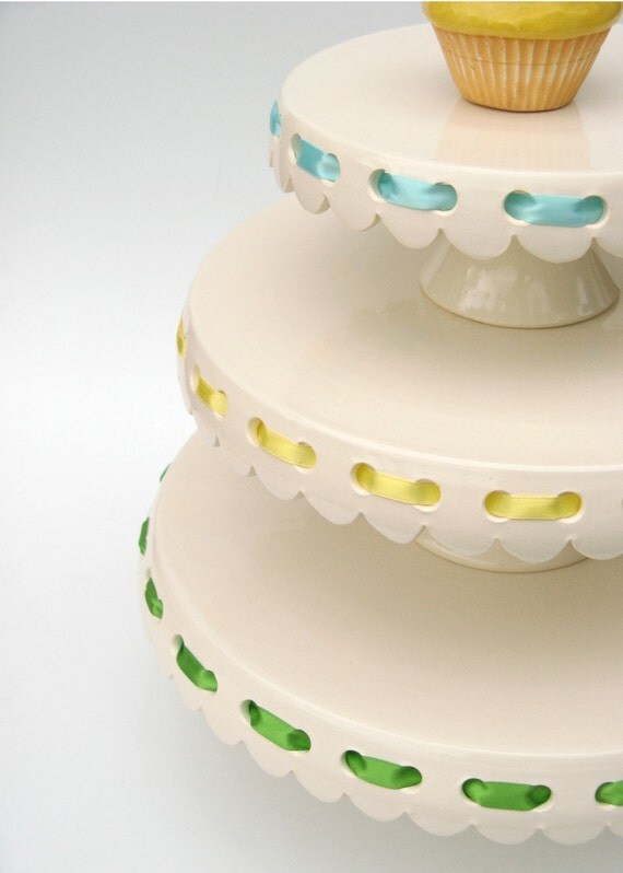 Set of 3 eyelet cake plates with ribbons... MADE TO ORDER.