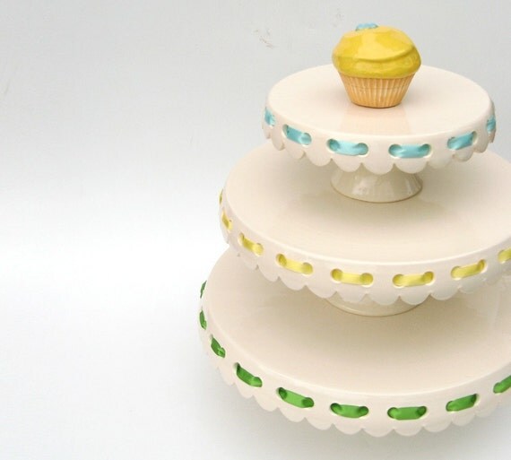 Set of 3 eyelet cake plates with ribbons... MADE TO ORDER.