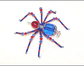 Peter - red and blue glass beaded spider goth sun catcher - Halloween decoration - Christmas ornament