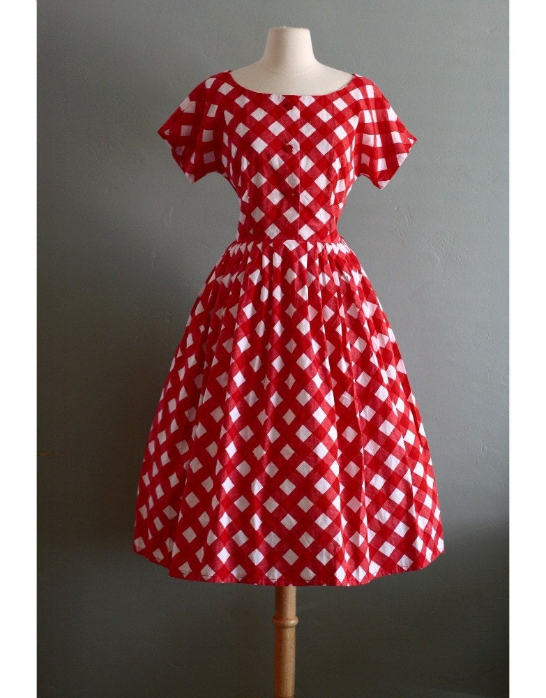 50s M/L Picnic Plaid Red and White Swing DRESS