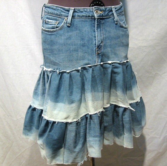 Knee length tiered denim skirt with hand-dipped by FrogSong