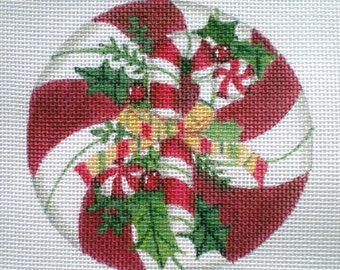Handpainted needlepoint canvas Peppermint and Bow