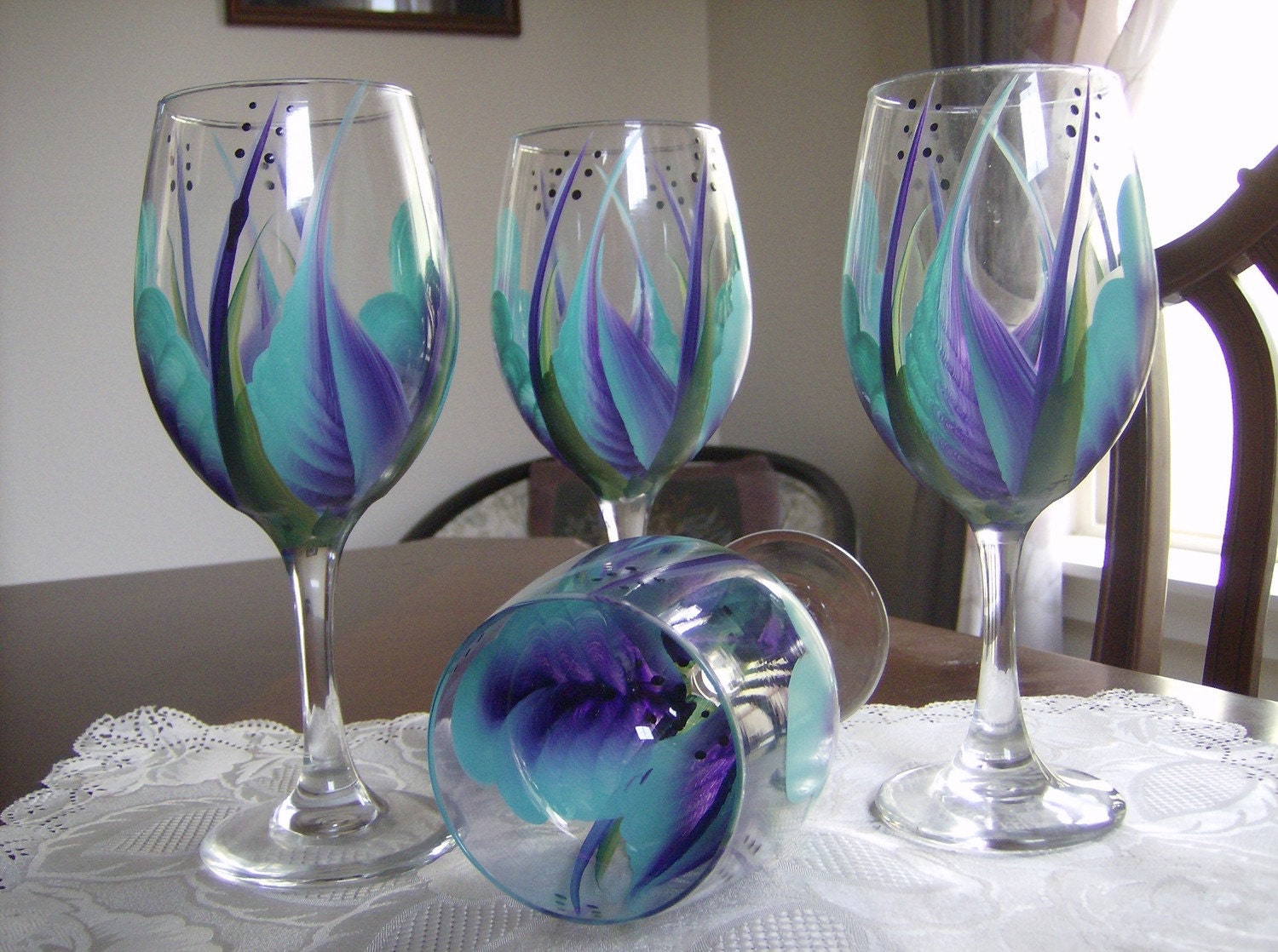 Wine Glasses Goblet Hand Painted Turquoise And Purple