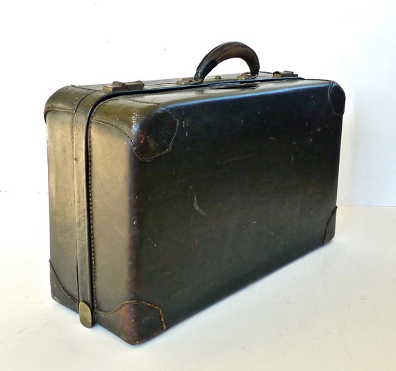 Vintage 1940s Black Cowhide Leather Suitcase