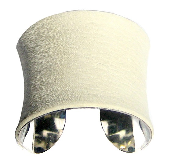Items similar to Winter White Leather Silver Lined Cuff Bracelet by