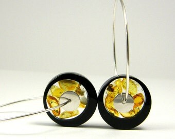 Black Amber Earrings, Baltic Amber Black Earrings in Sterling Silver, Round Earrings, Modern Geometric Earrings