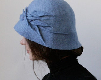 Steel Blue Cloche Hat -- Hand Felted Wool -- Size Medium