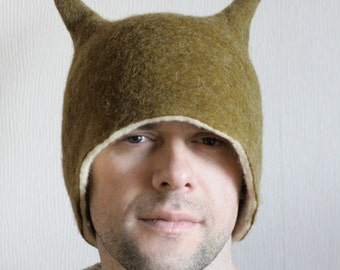 Olive Beetle Hat -- Hand Felted Wool -- Size Medium/Large