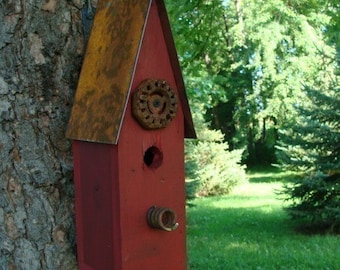 Old Red Rustic Birdhouse Decorative Wood Bird House Garden or Home Decor Recycled Industrial Cottage Farmhouse