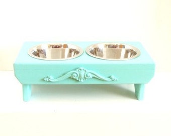 Feeding Stand, Elevated Dog Feeder, Bowl Holder, Pet Furniture, Aqua Blue Beach Cottage French Country