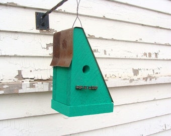 Rustic Bird House, Outdoor Birdhouse, Decorative Birdhouse, Bike Chain Perch, Green
