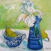 White Iris with Pear and Blue Willow original mixed media painting