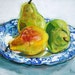 Marked down now Three Pears on a Blue Flow Plate original painting by Polly Jones