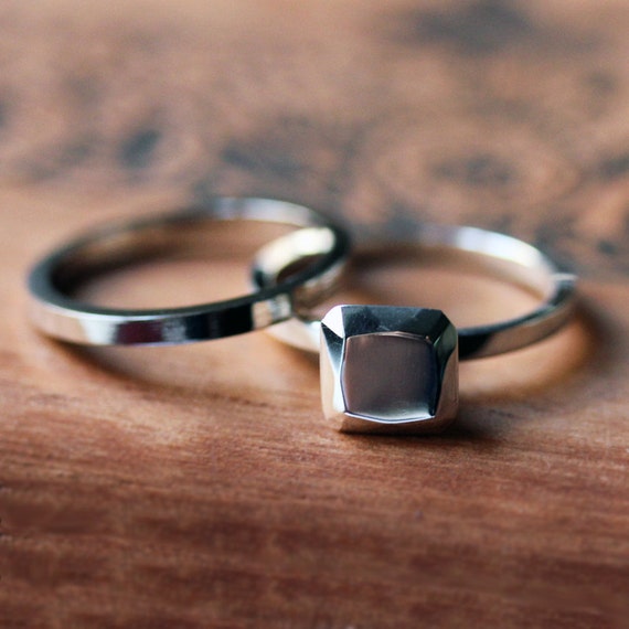 Modern engagement ring set - bridal ring set - recycled sterling ...