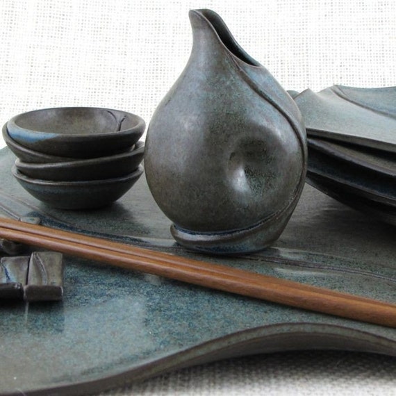 Handmade Ceramic Pottery Sushi Set for 4 in Blue Glaze over