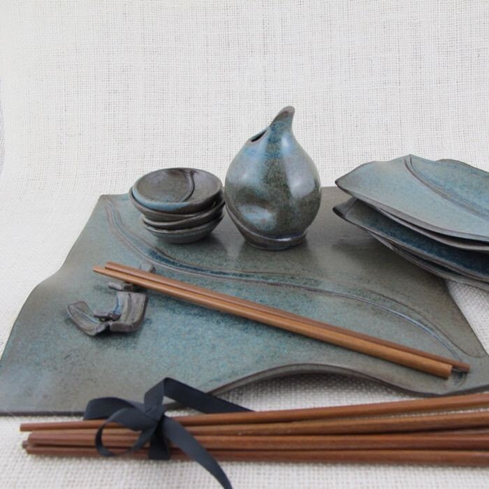 Handmade Ceramic Pottery Sushi Set for 4 in Blue Glaze over