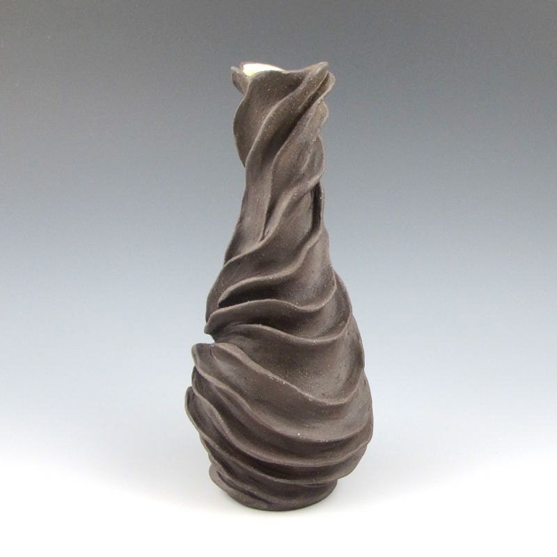 Carved Modern Sculptural Ceramic Pottery Bud Vase Chocolate