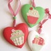 Cupcake hanging wooden heart ornaments - mixed media - set of 3