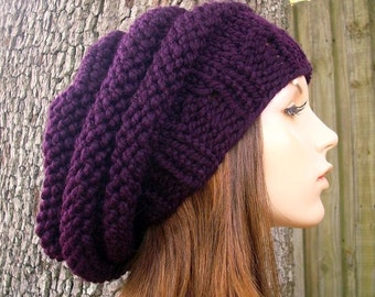 Knit Hat Womens Hat - Oversized Beehive Beret Hat in Eggplant Purple Knit Hat - Purple Hat Purple Beret Purple Beanie Womens Accessories