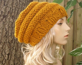 Knit Hat Mustard Womens Hat Slouchy Beanie - Oversized Beehive Beret Hat in Mustard Yellow Knit Hat - Womens Accessories - READY TO SHIP