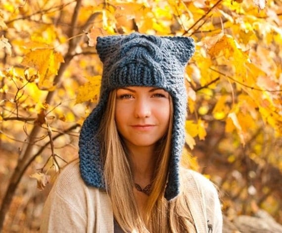 Womens Ear Hat Chunky Knit Cable Beanie Denim Blue Ear Flap
