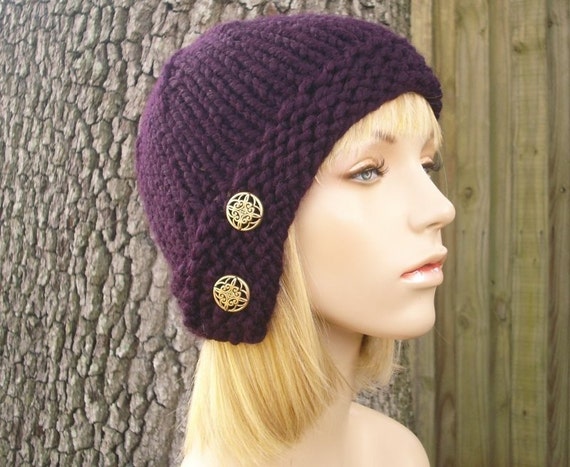 Knit Hat Womens Hat Cloche Hat in Eggplant Purple Knit Hat