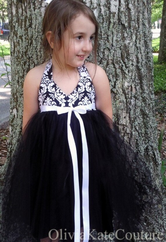 Designer Flower  Girl  Dress  Damask Black  and White  Wedding 