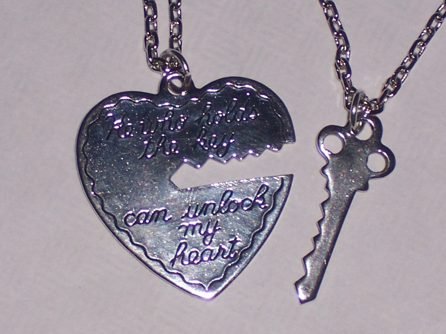His and Hers Open Heart and Key Pendants on Antique Silver
