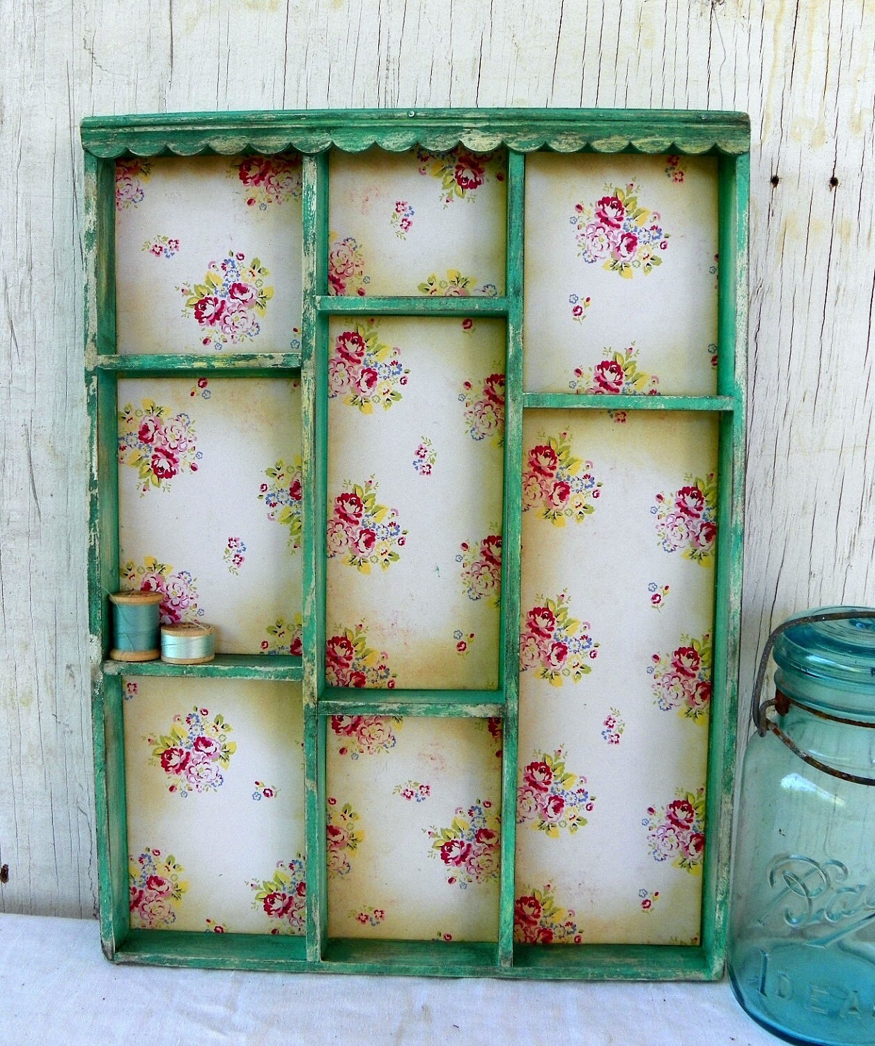 Cottage Kitchen Shadow Box Aqua Flower Shelf