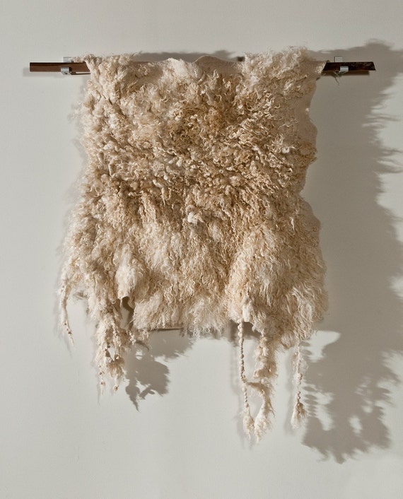 Wool felt wall hanging sculpture with walnut wood