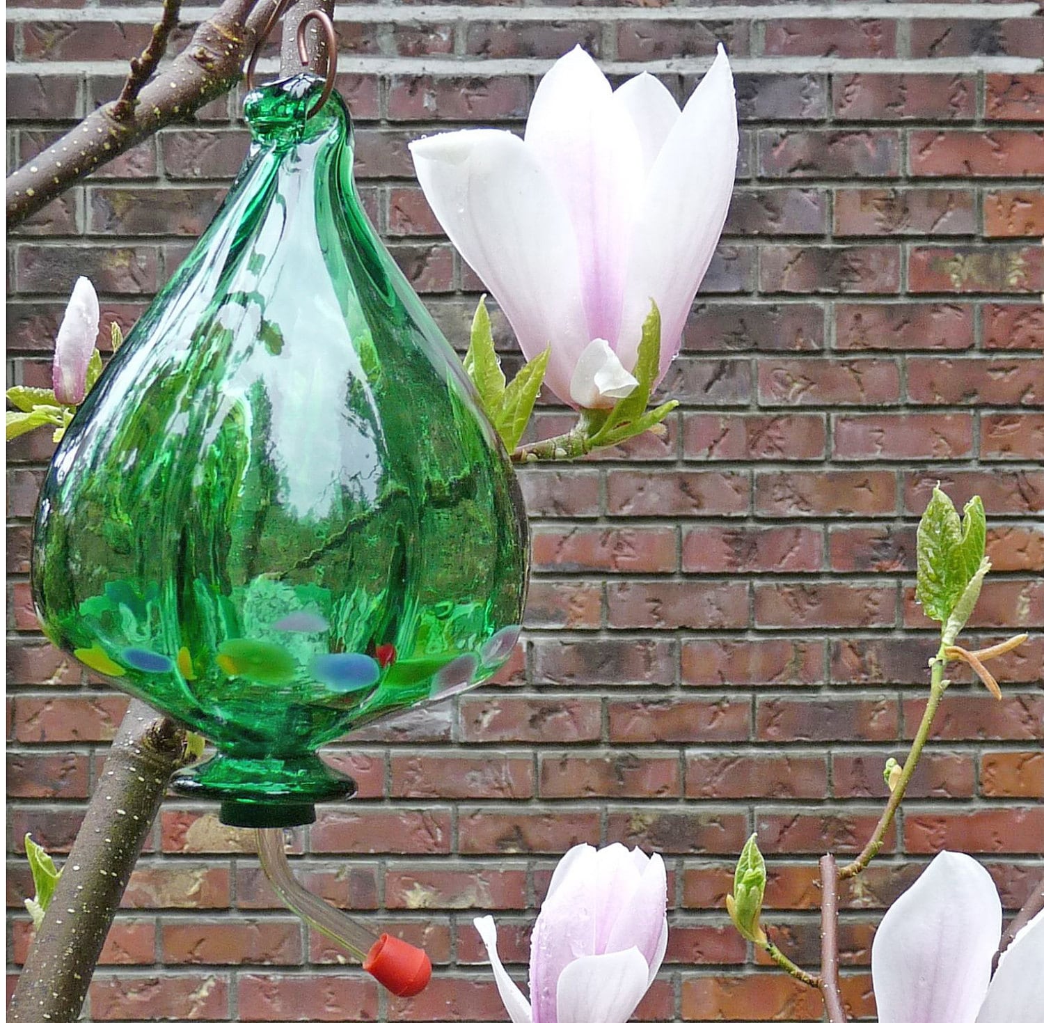 BEAUTIFUL Hummingbird Feeder Emerald Green Blown Glass