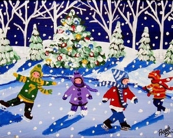 Little Ice Skaters Christmas Whimsical Folk Art Giclee Print