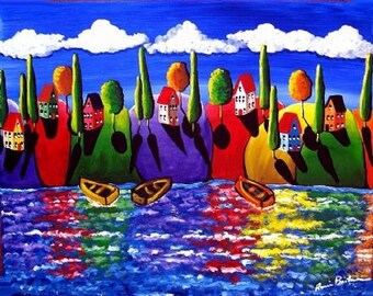 Colorful Fall Shoreline Whimsical Folk Art Giclee Print