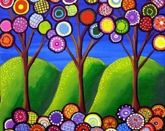Whimsical Trees Blossoms Fun Colorful Folk Art Giclee Print
