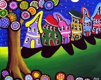 Whimsical Colorful Trees Blossoms Houses Folk Art Giclee PRINT