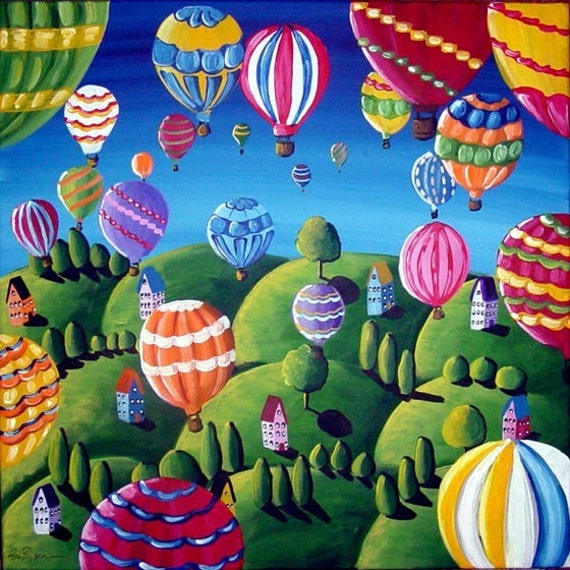 Hot Air Balloons Whimsical Colorful Original Folk Art Painting   Il 570xN.151960545 