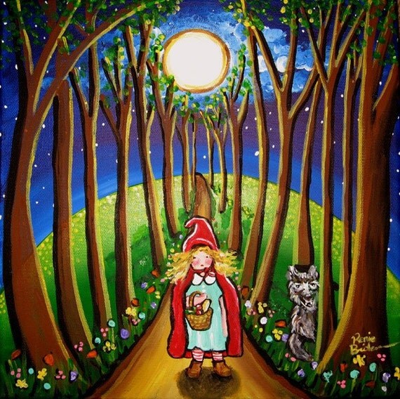 Red Riding Hood Wolf Folk Art Full Moon by reniebritenbucher