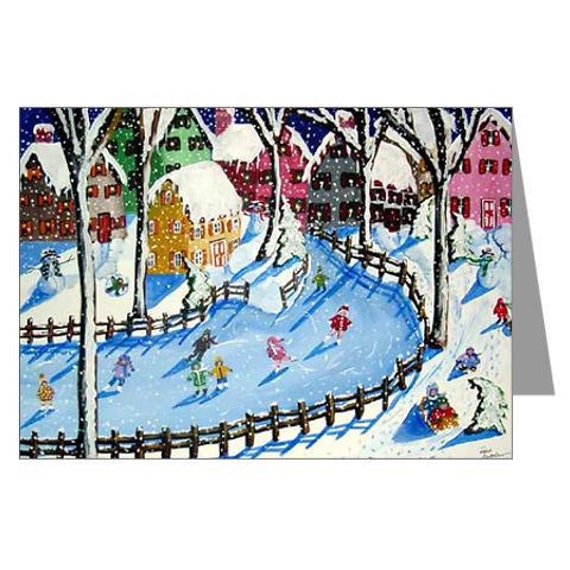 Winter Holiday Ice Skate Snowmen Whimsical Fun Folk Art