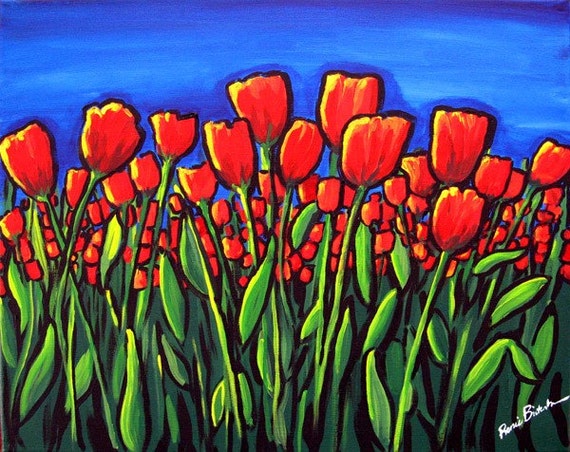 Field of Red Tulips Fun Folk Art Giclee Print